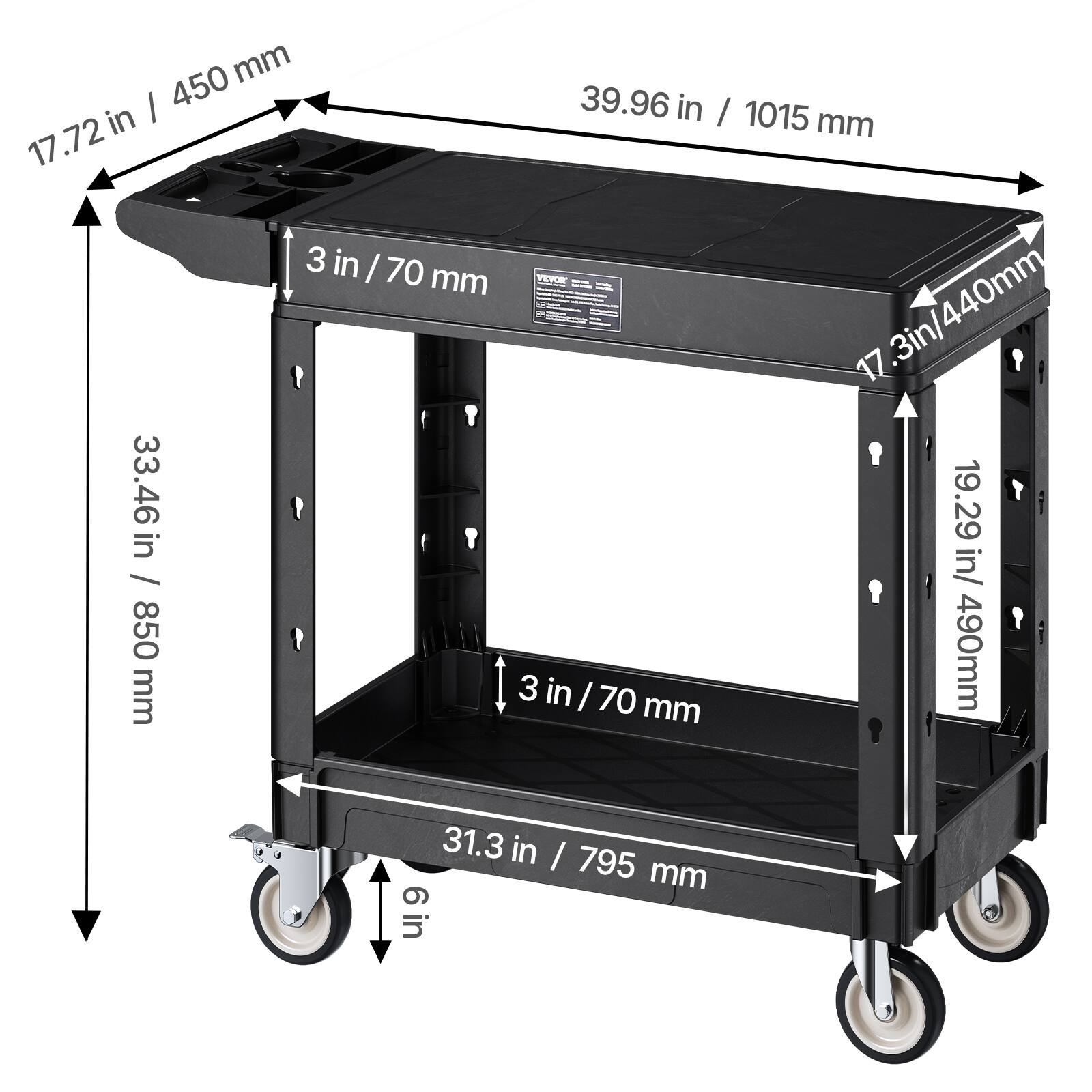 17.72 in / 450 mm
3 in / 70 mm
33.46 in / 850 mm
39.96 in / 1015 mm
17.3in/440mm
19.29 in/ 3 in / 70 mm
490mm
31.3 in / 795 mm
6in