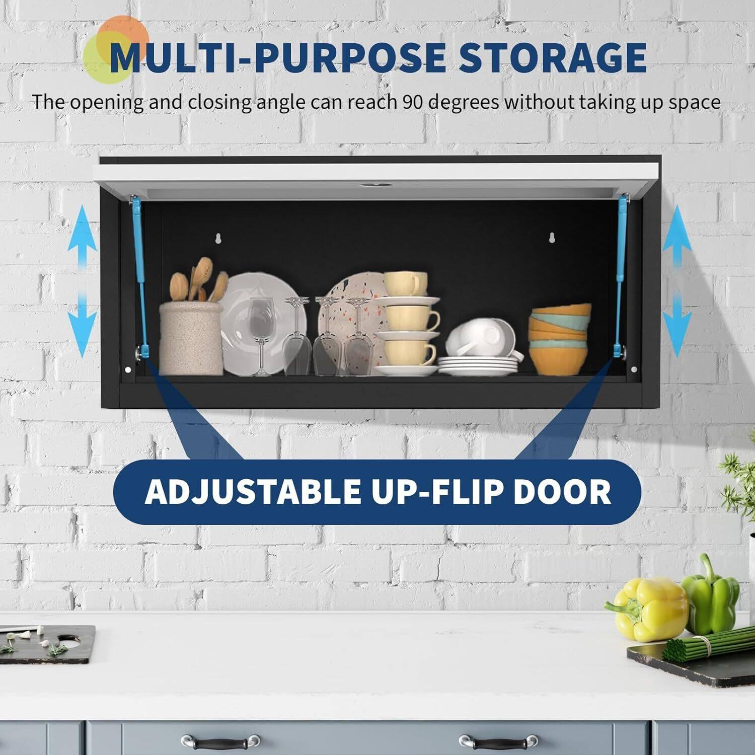 MULTI-PURPOSE STORAGE  
The opening and closing angle can reach 90 degrees without taking up space  

ADJUSTABLE UP-FLIP DOOR