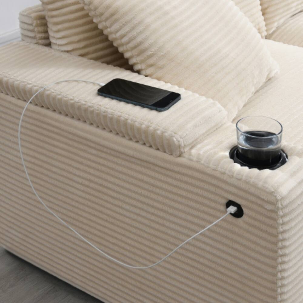 Alt View 2. LUCKY ONE - 104" L-Shaped Convertible Corduroy Sectional Sofa w/ Armrest Storage USB Cup Holders - Beige.