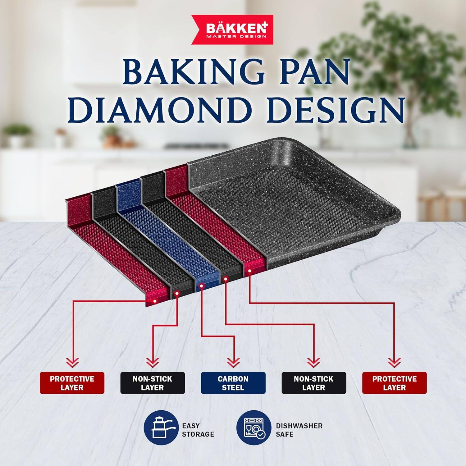 BKKEN MASTER DESIGN BAKING PAN DIAMOND DESIGN PROTECTIVE LAYER NON-STICK LAYER CARBON STEEL NON-STICK LAYER PROTECTIVE LAYER EASY STORAGE DISHWASHER SAFE