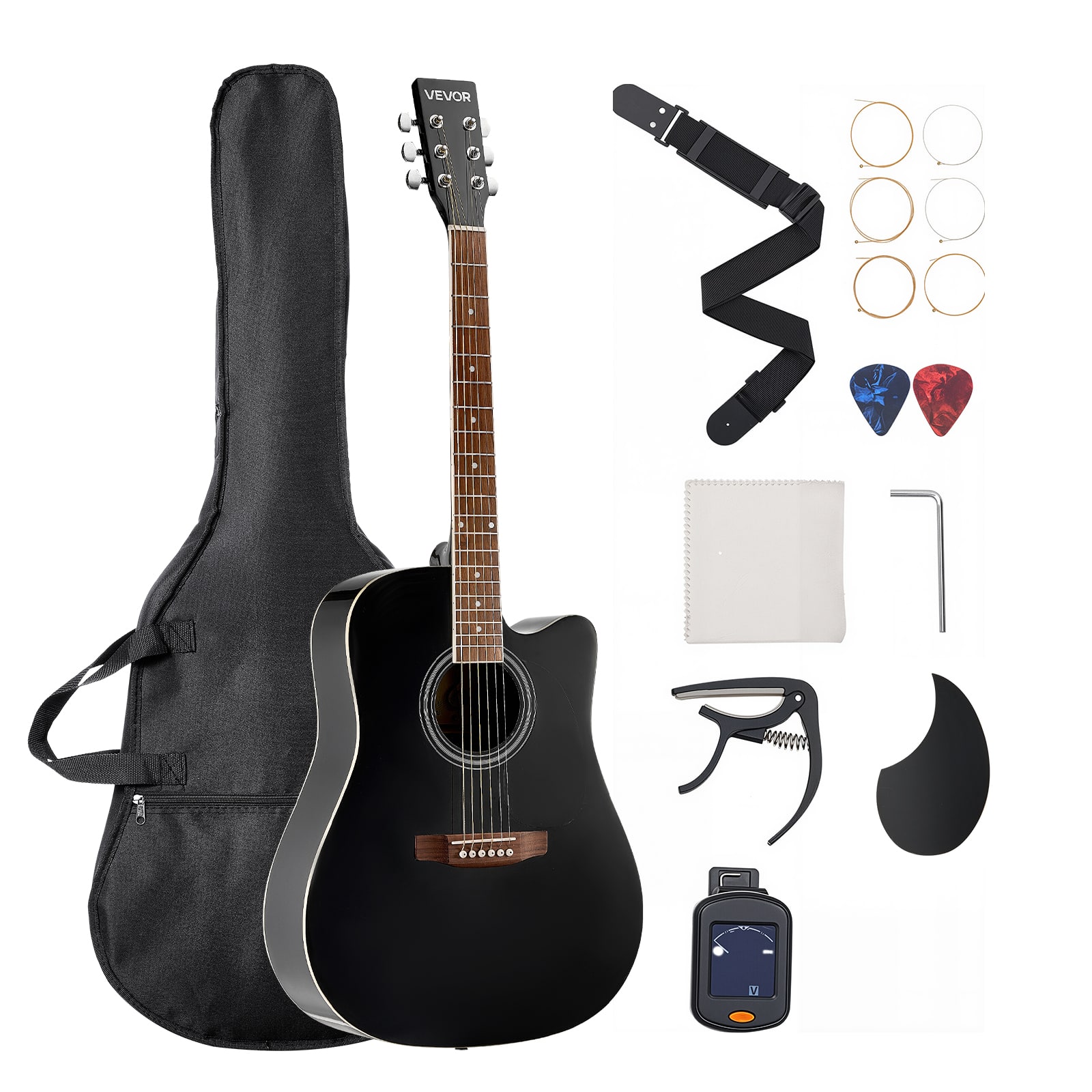 VEVOR - Cutway Acoustic Guitar, 41 in, 6-String Solid Spruce Top Guitar, Beginner Bundle with Gig Bag, Tuner, Strap - Black