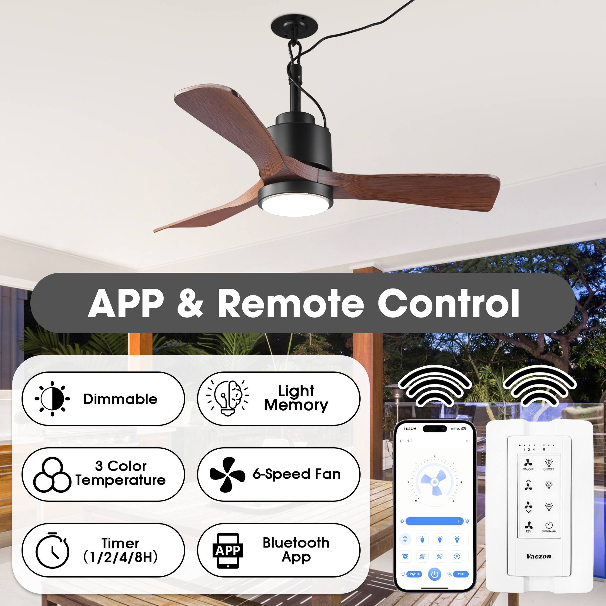 APP & Remote Control  
- Dimmable  
- Light Memory  
- 3 Color Temperature  
- 6-Speed Fan  
- Timer (1/2/4/8H)  
- Bluetooth App  

Vaczon