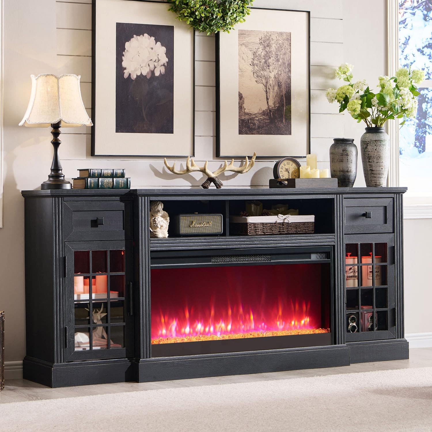 OMOMMD - 70" Farmhouse Fireplace TV Stand for 80" TVs, 36" Electric Fireplace, LED Lights, Storage - Black