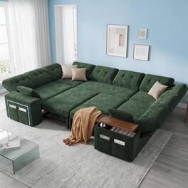 Dyonery - 112" Modular Convertible Sectional Sleeper Sofa with Pull Out Bed,Linen Convertible Couch with Storage Seat - Green