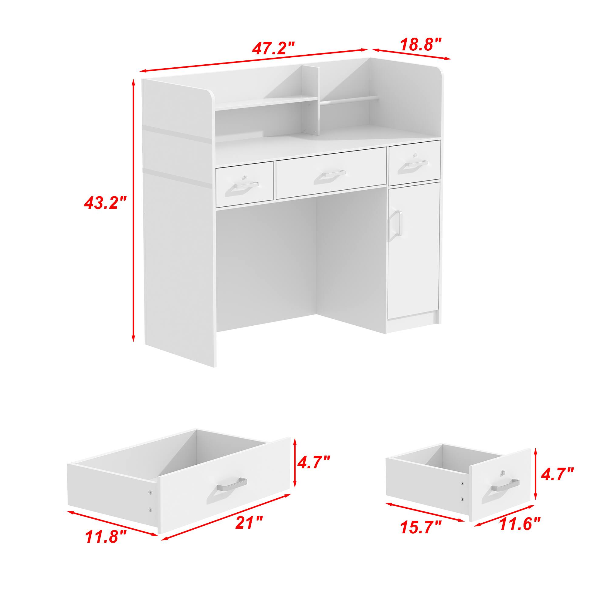 The text on the image reads: 47.2" 18.8" 43.2" 4.7" 4.7" 11.8" 21" 15.7" 11.6". This information is likely related to the dimensions of a piece of furniture, such as a desk or a cabinet.