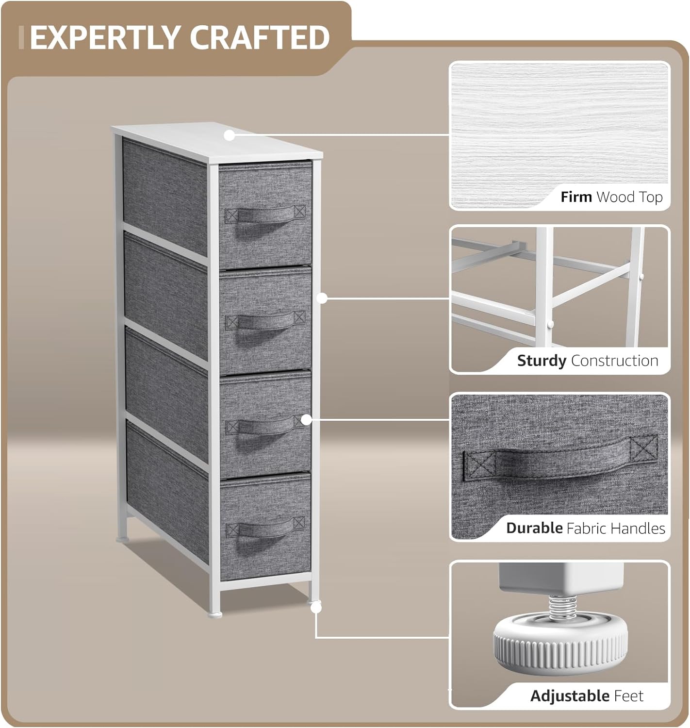 EXPERTLY CRAFTED

- Firm Wood Top
- Sturdy Construction
- Durable Fabric Handles
- Adjustable Feet