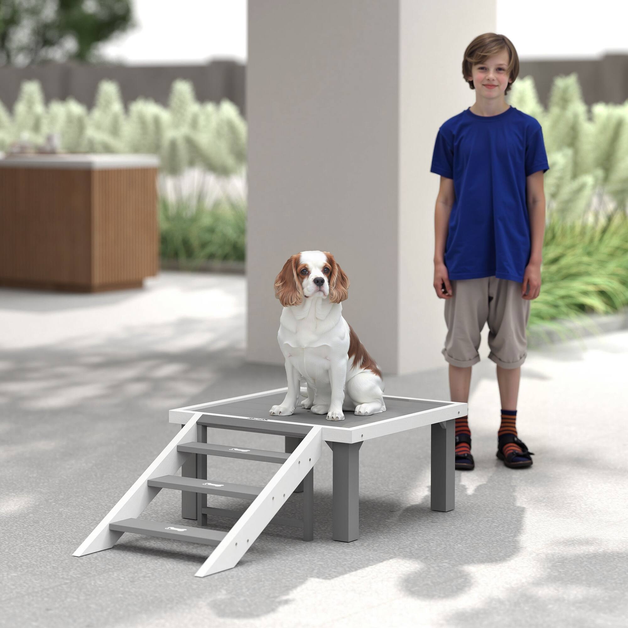 Alt View 4. Pawhut - Dog Training Platform, Wooden Place Board with Ladder, Indoor/Outdoor, for Small, Medium Dogs - Gray.