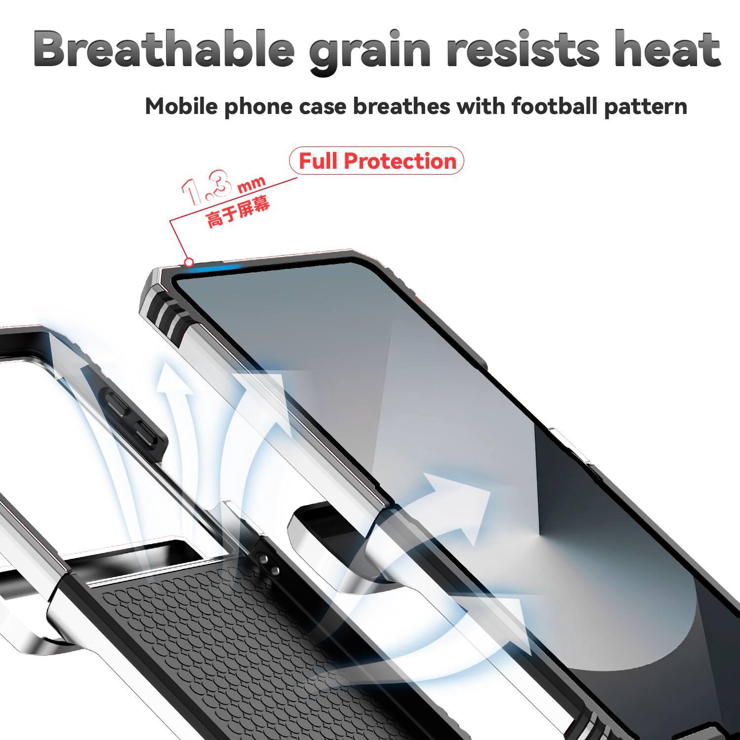 Breathable grain resists heat  
Mobile phone case breathes with football pattern  
Full Protection  
1.3 mm