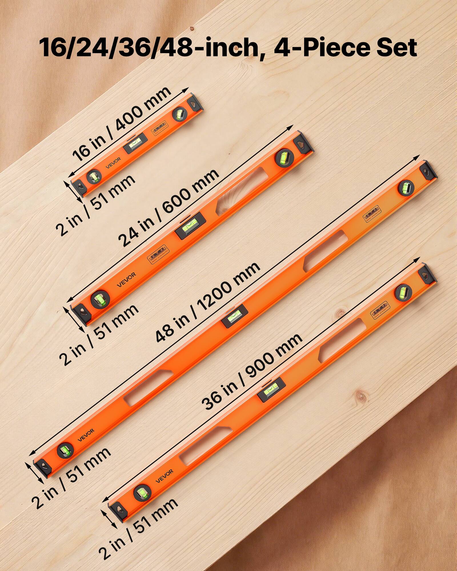 16/24/36/48-inch, 4-Piece Set

16 in / 400 mm  
2 in / 51 mm

24 in / 600 mm  
2 in / 51 mm

36 in / 900 mm  
2 in / 51 mm

48 in / 1200 mm  
2 in / 51 mm