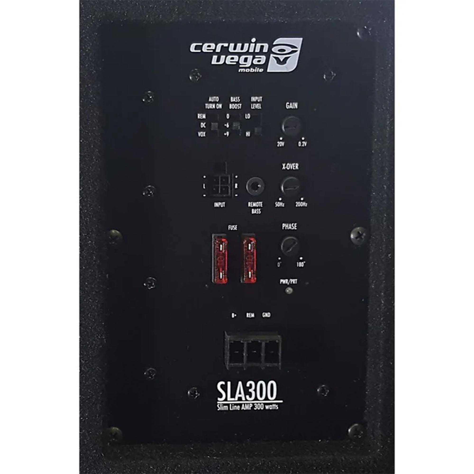 cerwin vega mobile  
AUTO BASS INPUT TURN ON BOOST LEVEL R D LO D + VOX + H GAIN 20V 0.2V X-OVER INPUT REMOTE BASS SOME 200M FUSE PHASE D 180 PHR/PET P BEN GND SLA300 Slim Line AMP 300 watts