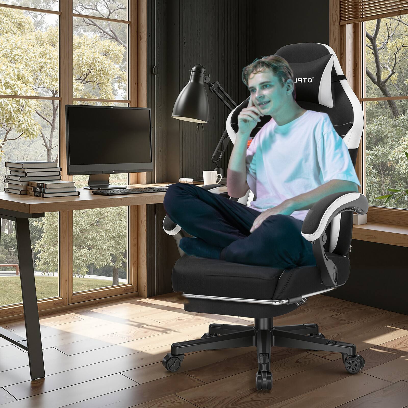 Alt View 4. GTPlayer - Gaming Chair with Extended Backrest Fabric Computer Chair,Black - Black.