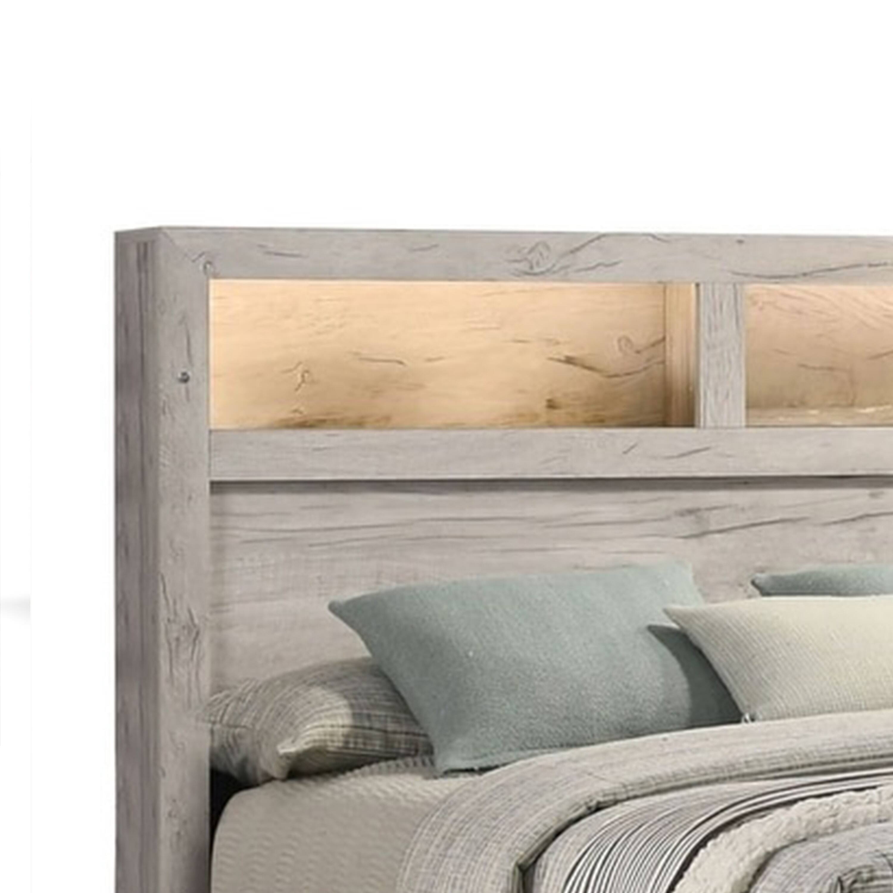 Alt View 2. Manhattan Lane - Miot Queen Size Bed w Headboard Shelves, Weathered White Wash Tone - White Wash.
