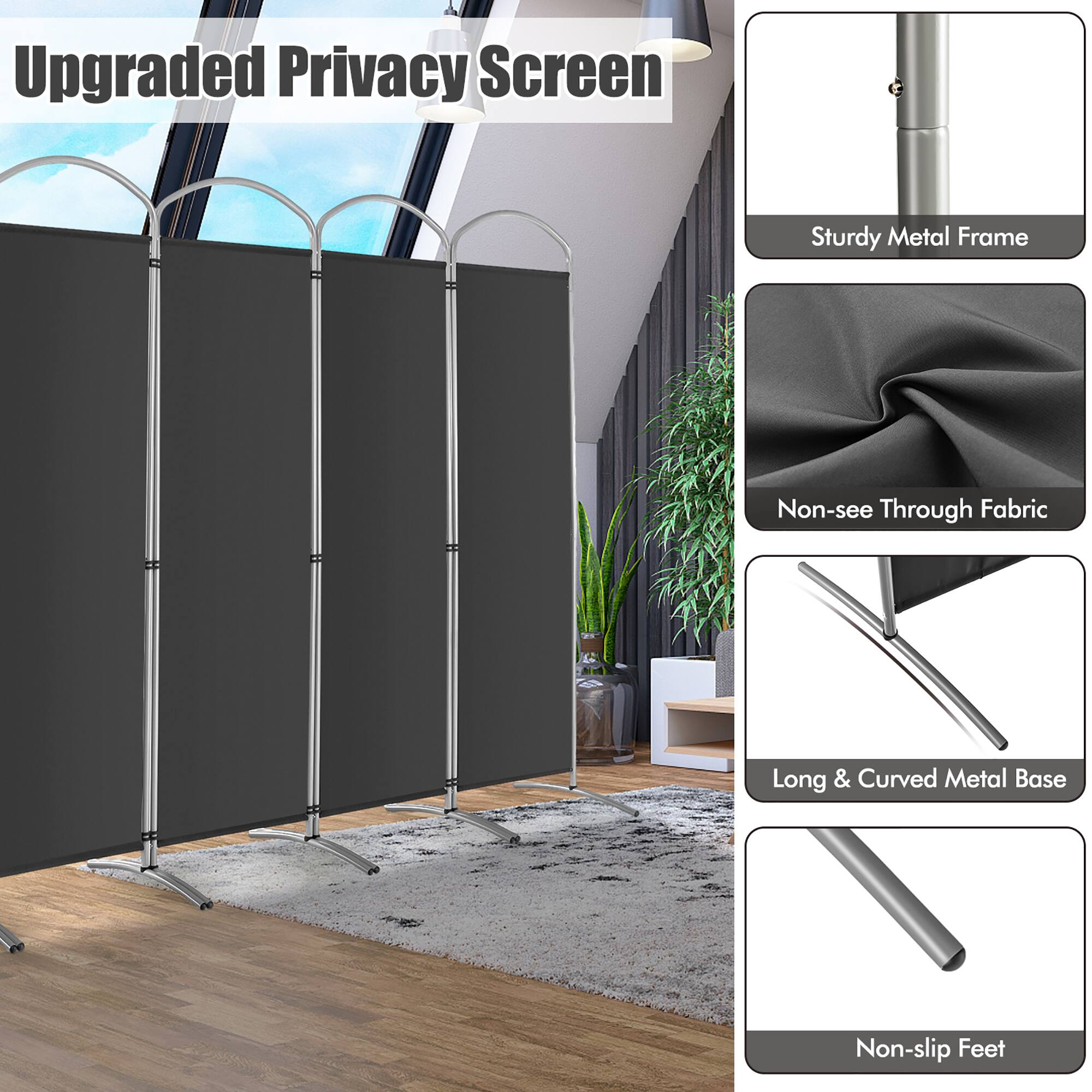 Upgraded Privacy Screen  
Sturdy Metal Frame  
Non-see Through Fabric  
Long & Curved Metal Base  
Non-slip Feet