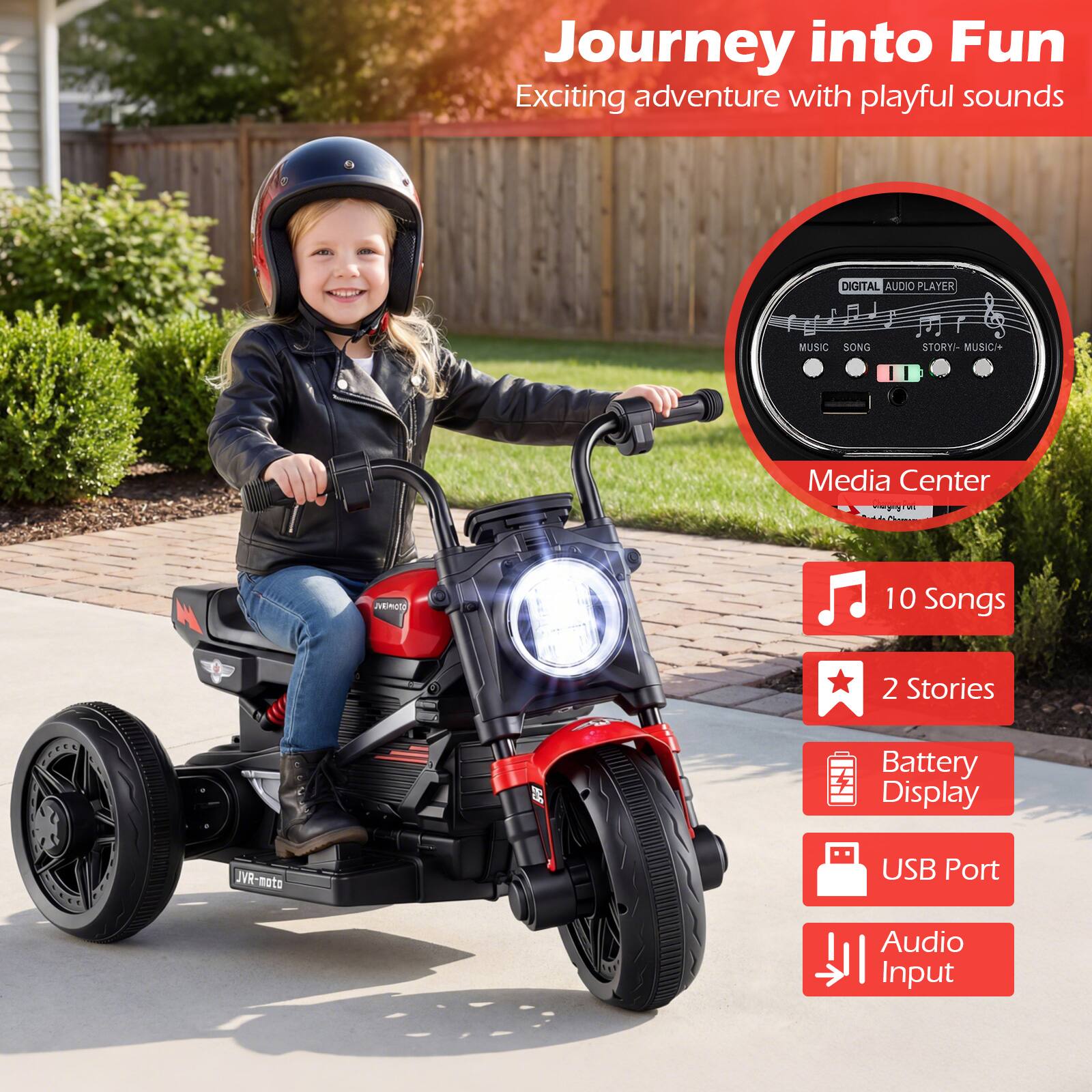 Journey into Fun  
Exciting adventure with playful sounds  

DIGITAL AUDIO PLAYER  
MUSIC SONG STORY - MUSIC/ Media Center  

10 Songs  
2 Stories  
Battery Display  
USB Port  
Audio Input