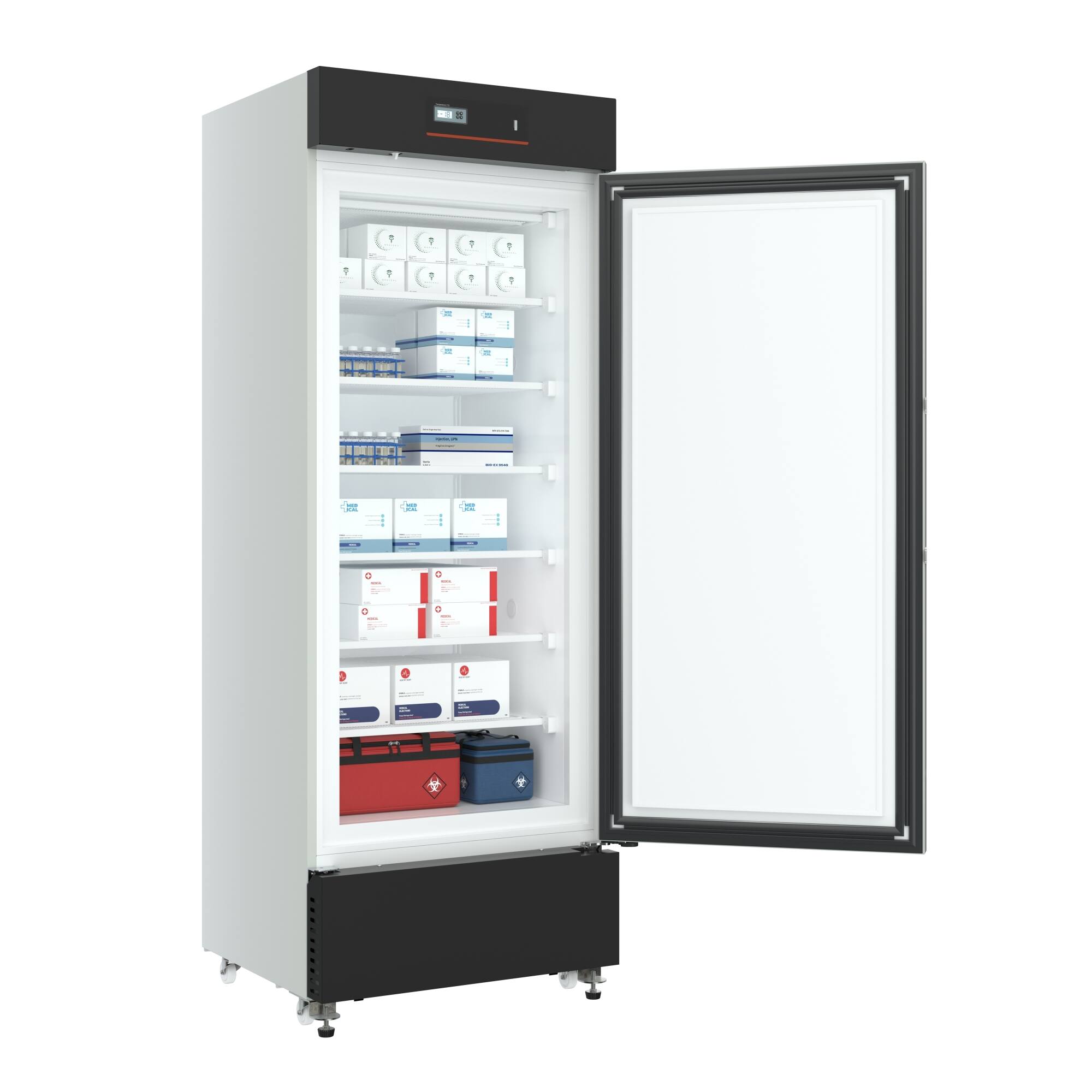 Left. Koolmore - 27 in. -25 C Upright Medical Freezer For Pharmacy / Laboratory Dynamic Freeze, LED Display, Multi-Level Emergency Alarms - Stainless steel.