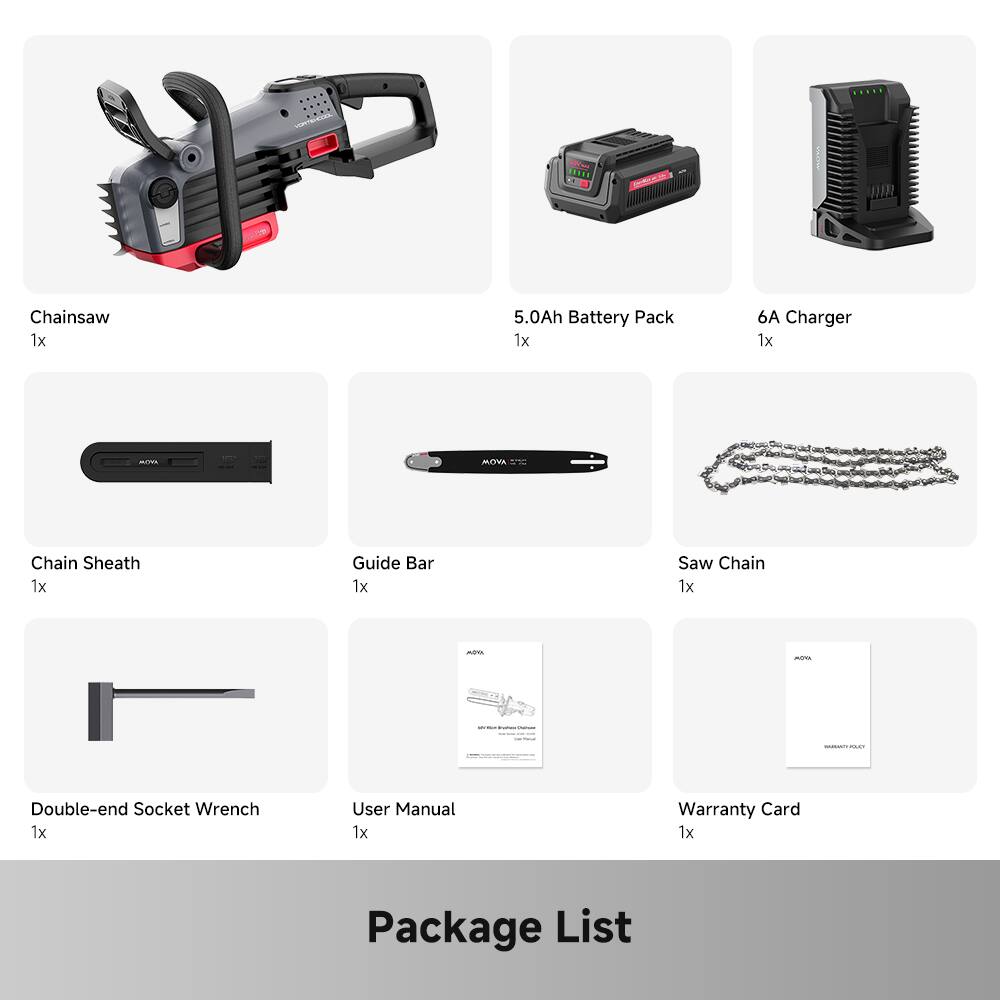 - Chainsaw
- 1x 5.0Ah Battery Pack
- 1x 6A Charger
- 1x Chain Sheath
- 1x Guide Bar
- 1x Saw Chain
- 1x Double-end Socket Wrench
- 1x User Manual
- 1x Warranty Card
- 1x Package List