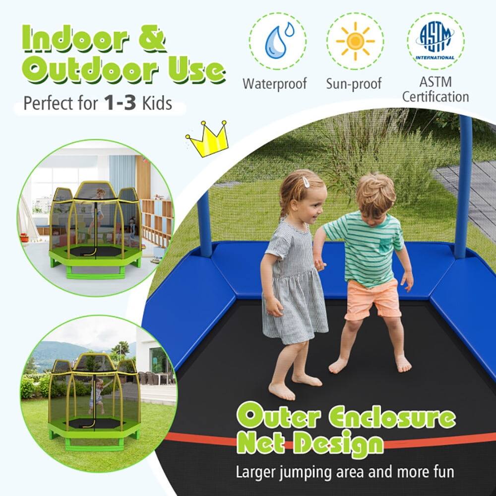 Indoor & Outdoor Use  
Perfect for 1-3 Kids  

Waterproof  
Sun-proof  
ASTM Certification  

Outer Enclosure Net Design  
Larger jumping area and more fun