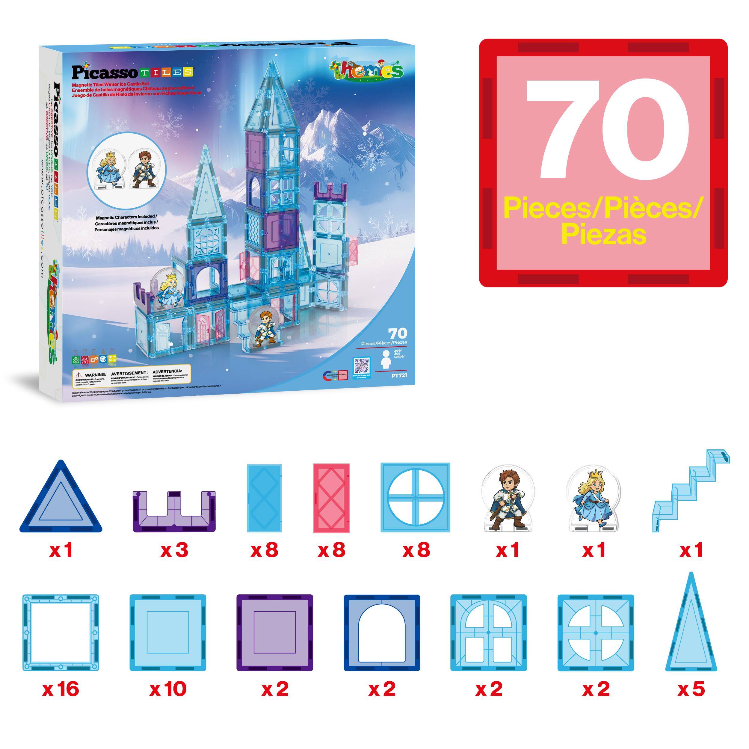 Picasso Tiles  
Magnetic Character Set  
Juego de Construcción de Figuras con Personajes Magnéticos  
Jeu de Construction de Figures avec Personnages Magnétiques  
70 Pieces/Pieces/Piezas  
1 x 1  
3 x 3  
8 x 8  
8 x 8  
8 x 16  
10 x 2  
2 x 2  
2 x 2  
1 x 1  
1 x 1  
1 x 1  
5 x 1
