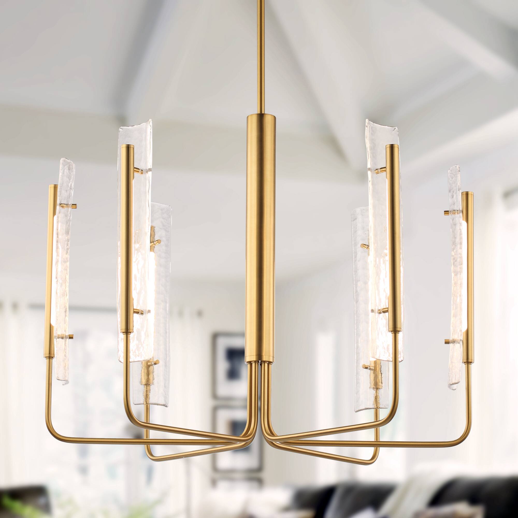 Front. Perimost - 34'' Modern LED Ceiling Light with Glass Shade and Adjustable Rod - Gold.