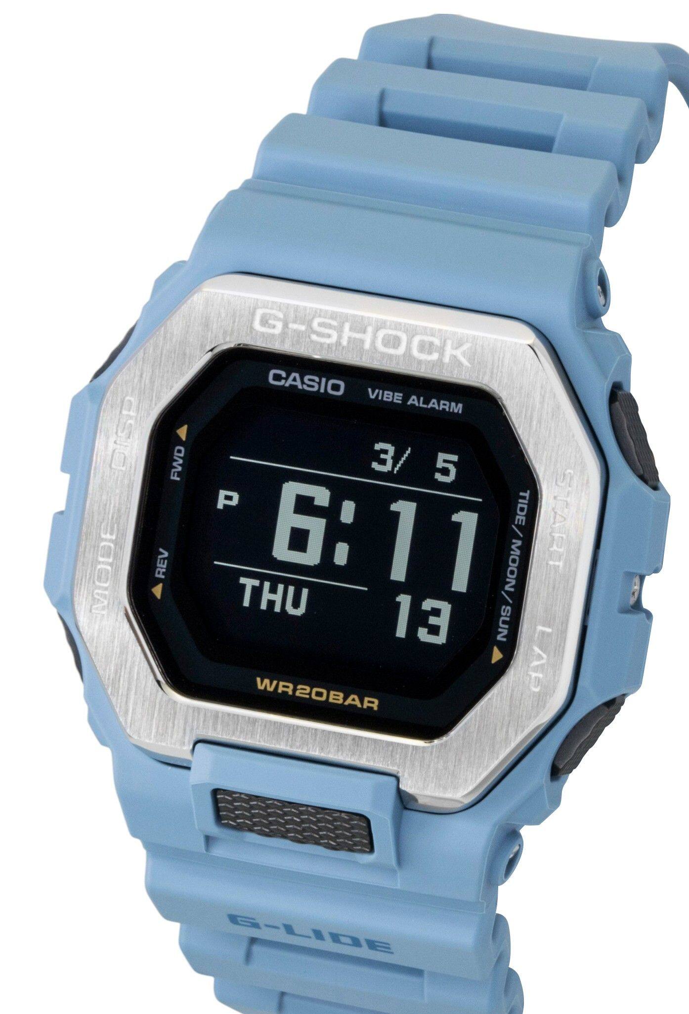 DISP MODE  
G-SHOCK CASIO VIBE ALARM FWD 3/5 P TIDE REV 6:11 MOON/ / START THU 13 SUN L WR20BAR LAP  
G-LIDE