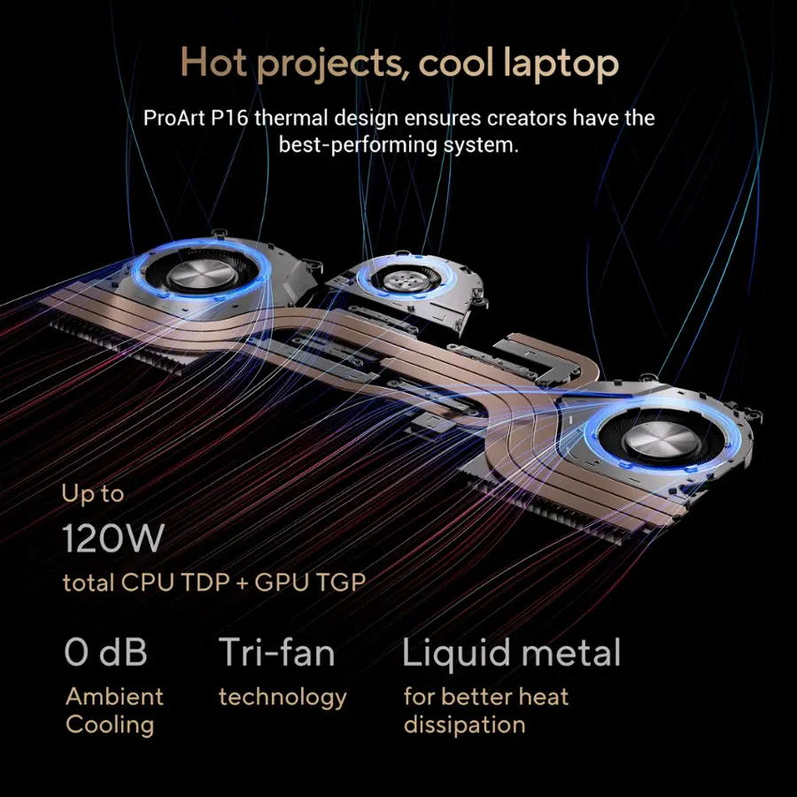 Hot projects, cool laptop. ProArt P16 thermal design ensures creators have the best-performing system. Up to 120W total CPU TDP + GPU TGP. O dB Tri-fan Liquid metal. Ambient technology for better heat Cooling dissipation.