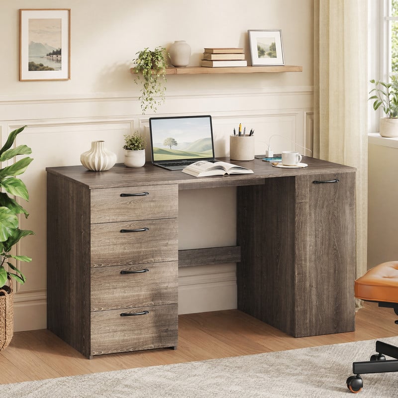 "WELLFOR - 53"" Computer Desk with Power Outlets and 4 Storage Drawers, Executive Desk with Cabinet For Home Office - Gray" price history on PriceWatchPro