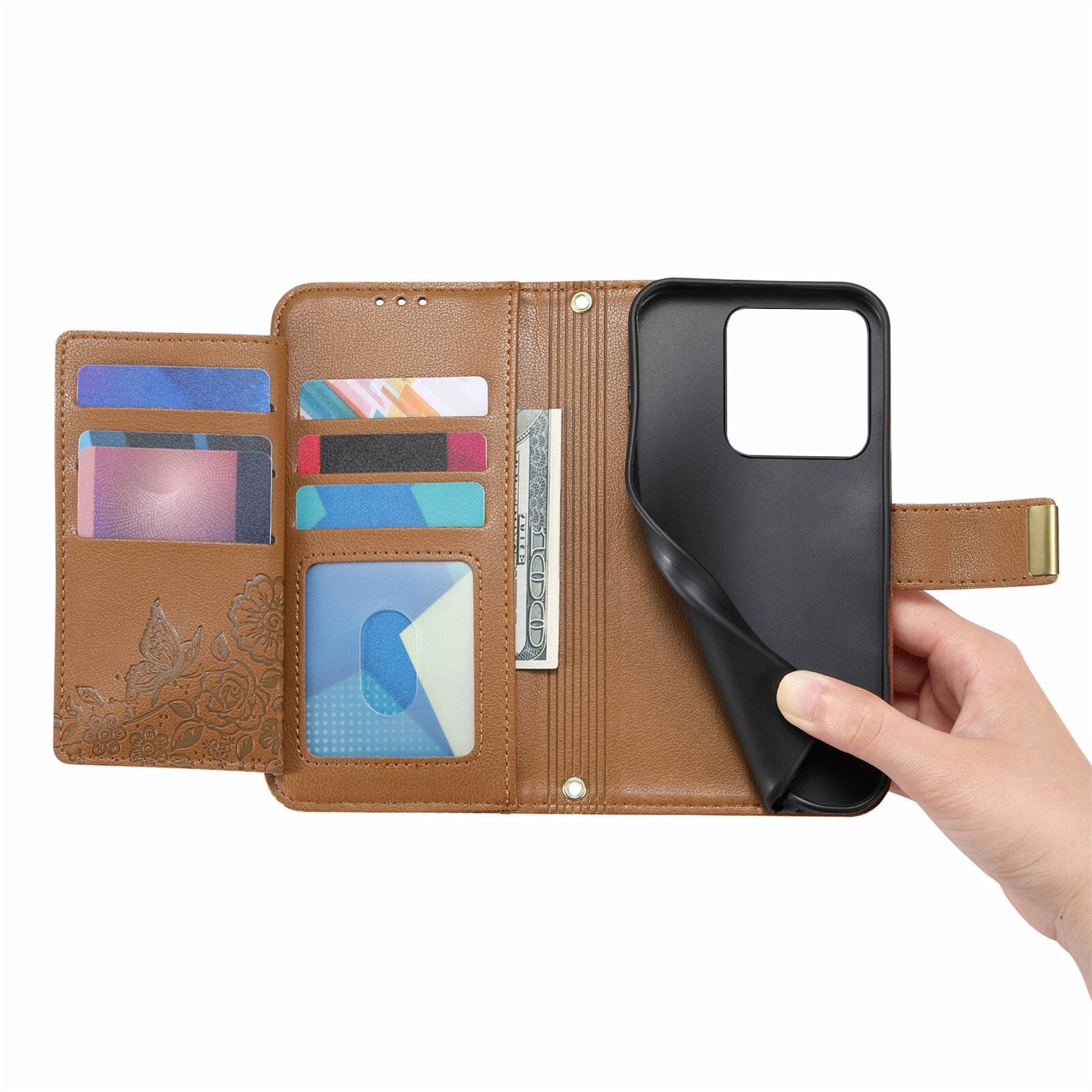 Alt View 8. UUCOVER - Floral PU Leather Wallet Case for Motorola Moto Edge (2025) with Zipper Pocket, Cash Card Slot, Shoulder & Wrist Strap - Brown.