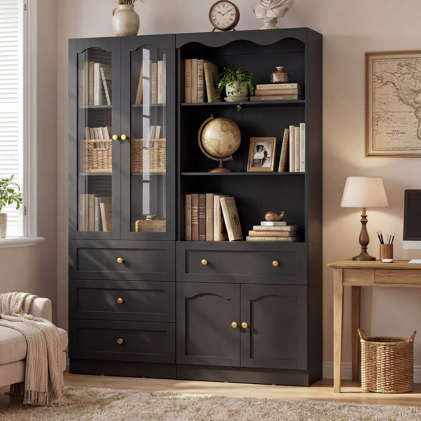 Aheaplus - 80'' Tall Bookcase Set of 2 with 4 Drawers and Glass Doors, 51.1'' Width Bookshelf with Adjustable Shelves - Black