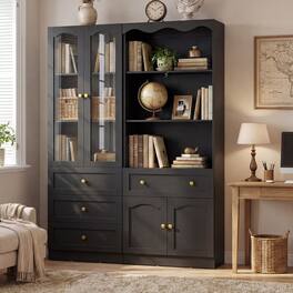 Aheaplus - 80'' Tall Bookcase Set of 2 with 4 Drawers and Glass Doors, 51.1'' Width Bookshelf with Adjustable Shelves - Black