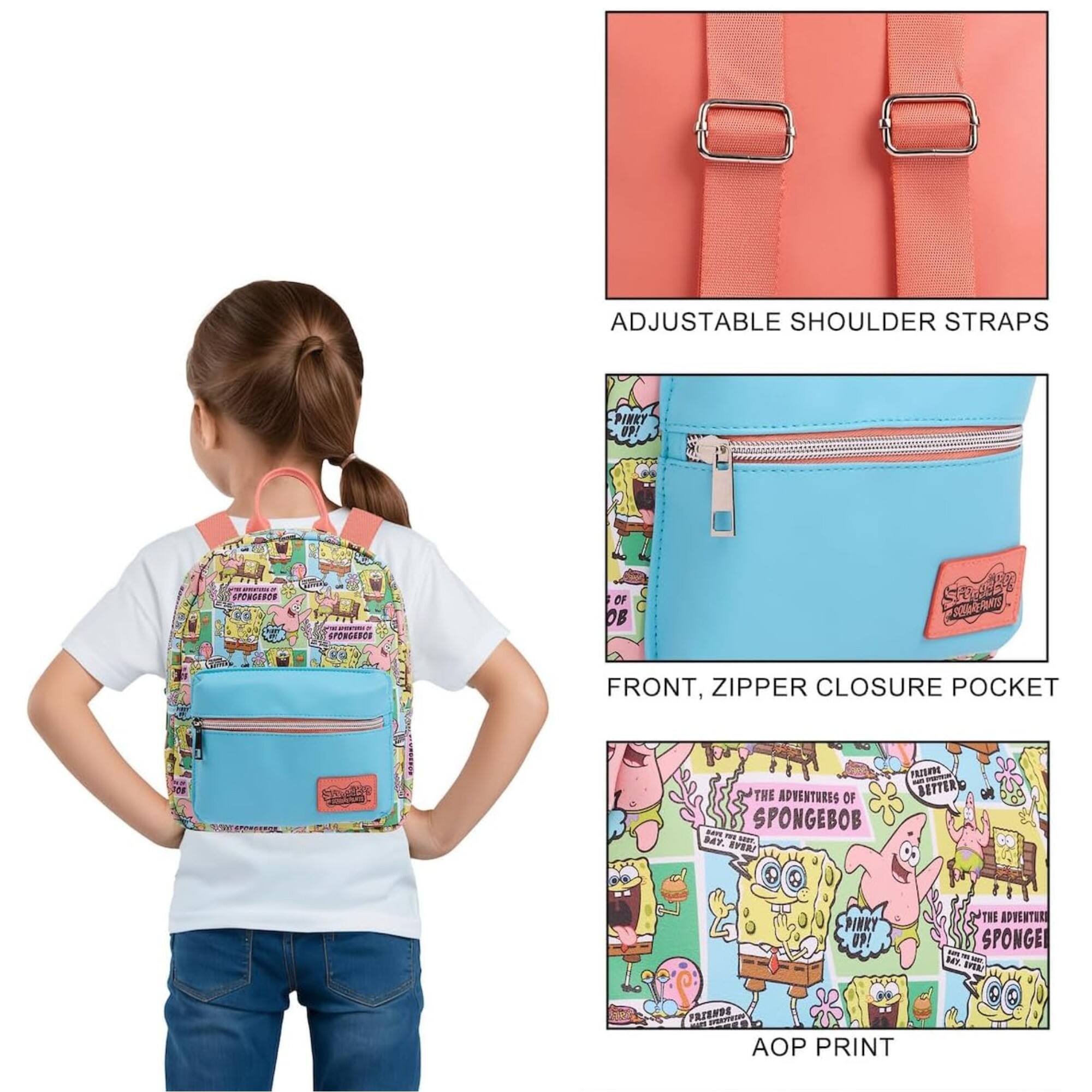 ADJUSTABLE SHOULDER STRAPS

FRONT, ZIPPER CLOSURE POCKET

AOP PRINT

THE ADVENTURES OF SPONGEBOB