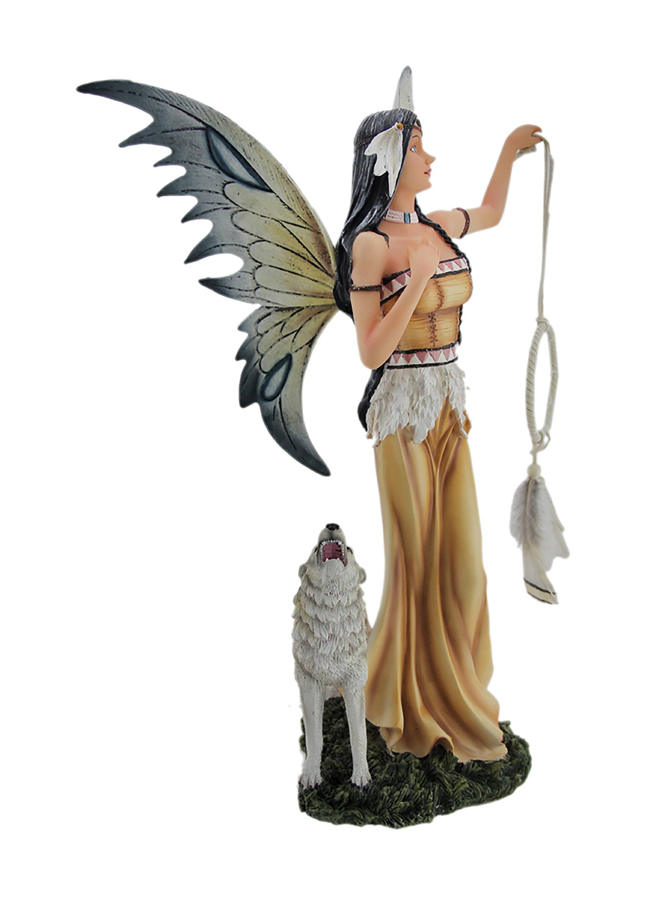 Alt View 1. Zeckos - Una and Tala The Native American Dream Fairy and White Wolf Statue - Brown.