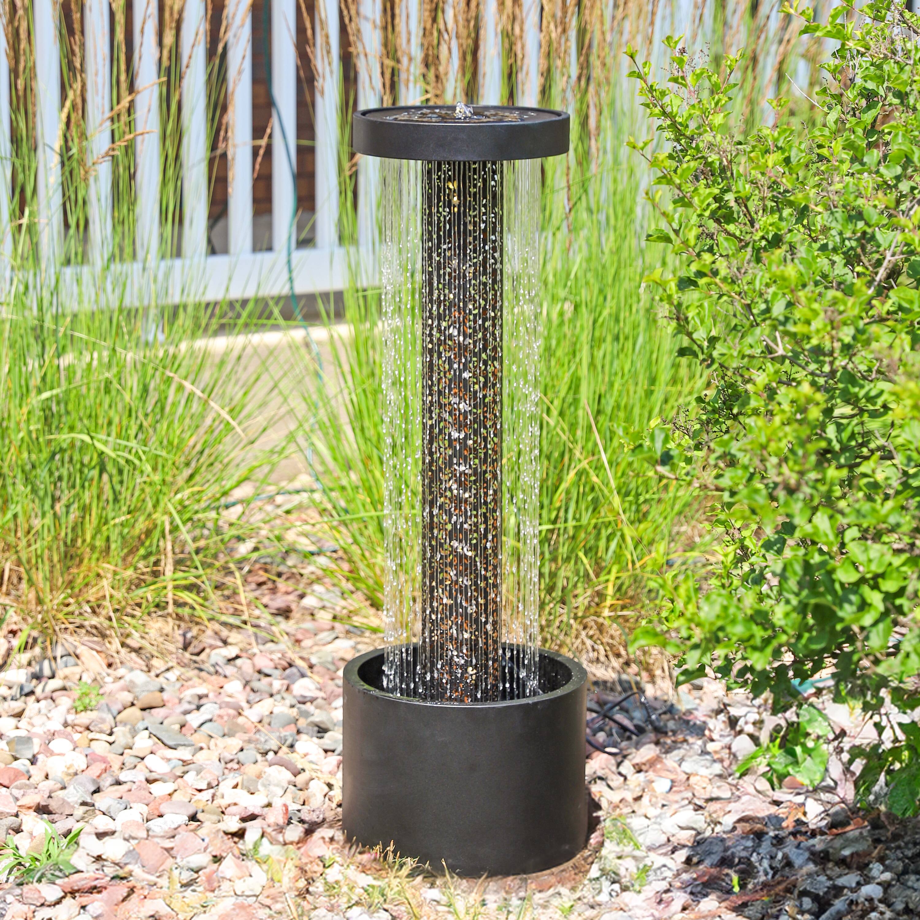 Alt View 1. Sunnydaze - Glittering Rain Zinc Outdoor Water Fountain with LEDs - 41.25" - Black.