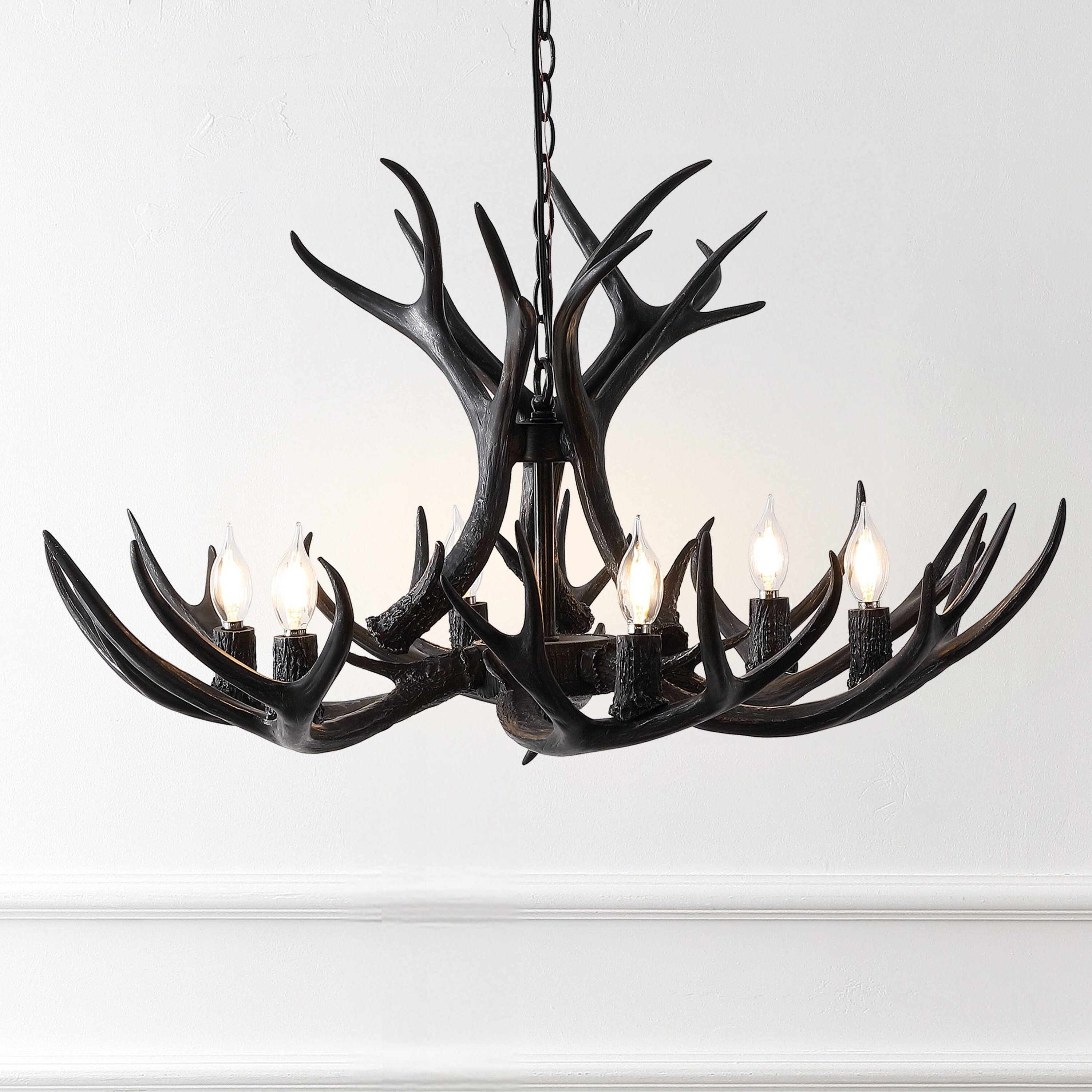 Alt View 1. Jonathan Y - Eldora 33" 6-Light Rustic Farmhouse Adjustable Resin Antler LED Chandelier, Black - Black.