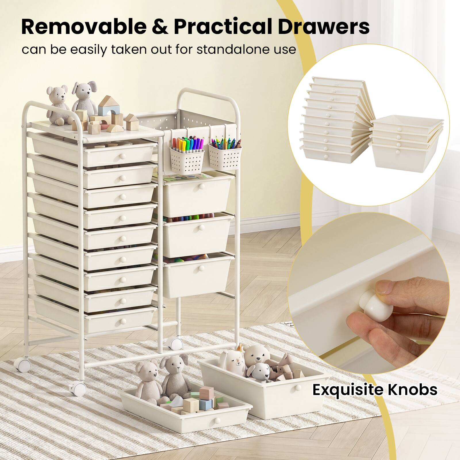 Removable & Practical Drawers can be easily taken out for standalone use  
Exquisite Knobs
