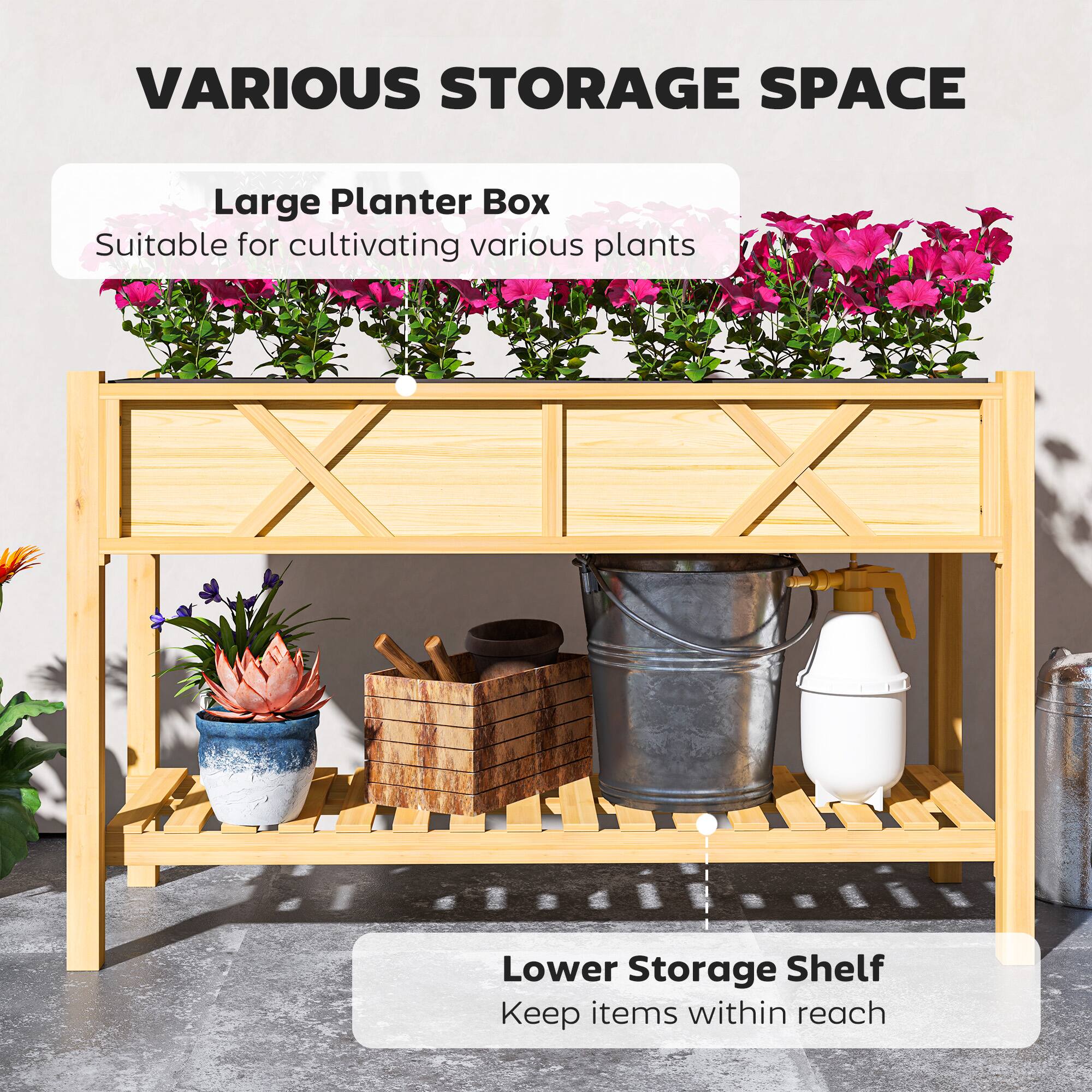 VARIOUS STORAGE SPACE

Large Planter Box  
Suitable for cultivating various plants

Lower Storage Shelf  
Keep items within reach