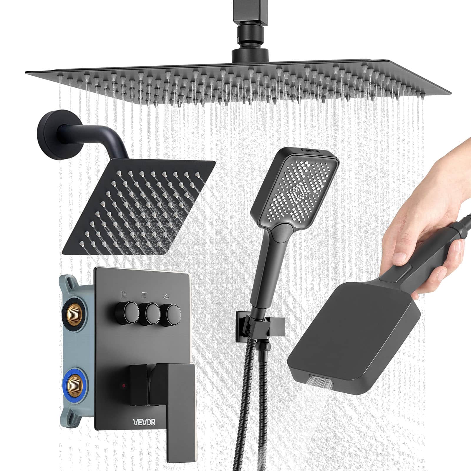 VEVOR - Shower Faucet Set, 12 Inch Ceiling Mount Rainfall Shower System with 6 Inch Wall Mount Head and 4 in 1 Handheld Spray - Matte Black