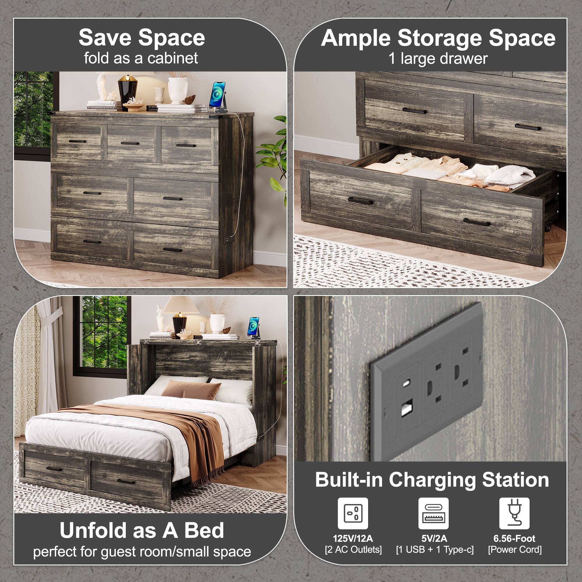 - Save Space  
  fold as a cabinet

- Ample Storage Space  
  1 large drawer

- Unfold as A Bed  
  perfect for guest room/small space

- Built-in Charging Station  
  125V/12A [2 AC Outlets]  
  5V/2A [1 USB + 1 Type-c]  
  6.56-Foot [Power Cord]