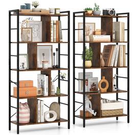 Gymax - 2PCS 61'' 5-Tier Bookshelf w/Metal Frame 2 Anti-Tipping Devices for Living Room - Brown