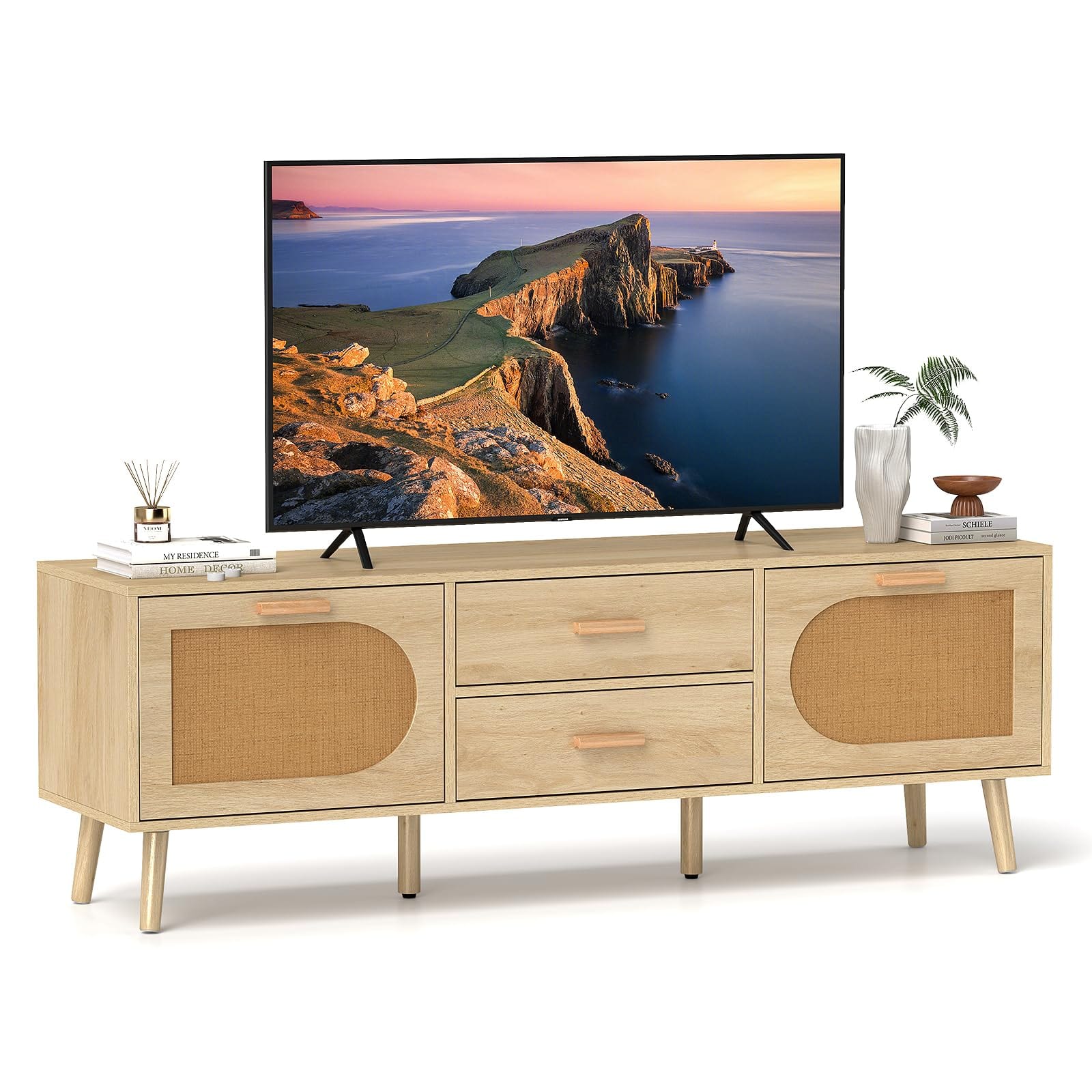 Ecooso - Rattan TV Stand for 65 Inch TV with Drawers and Solid Wood Support Legs - Natural