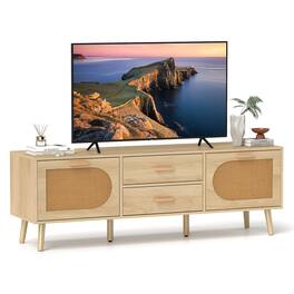 Ecooso - Rattan TV Stand for 65 Inch TV with Drawers and Solid Wood Support Legs - Natural