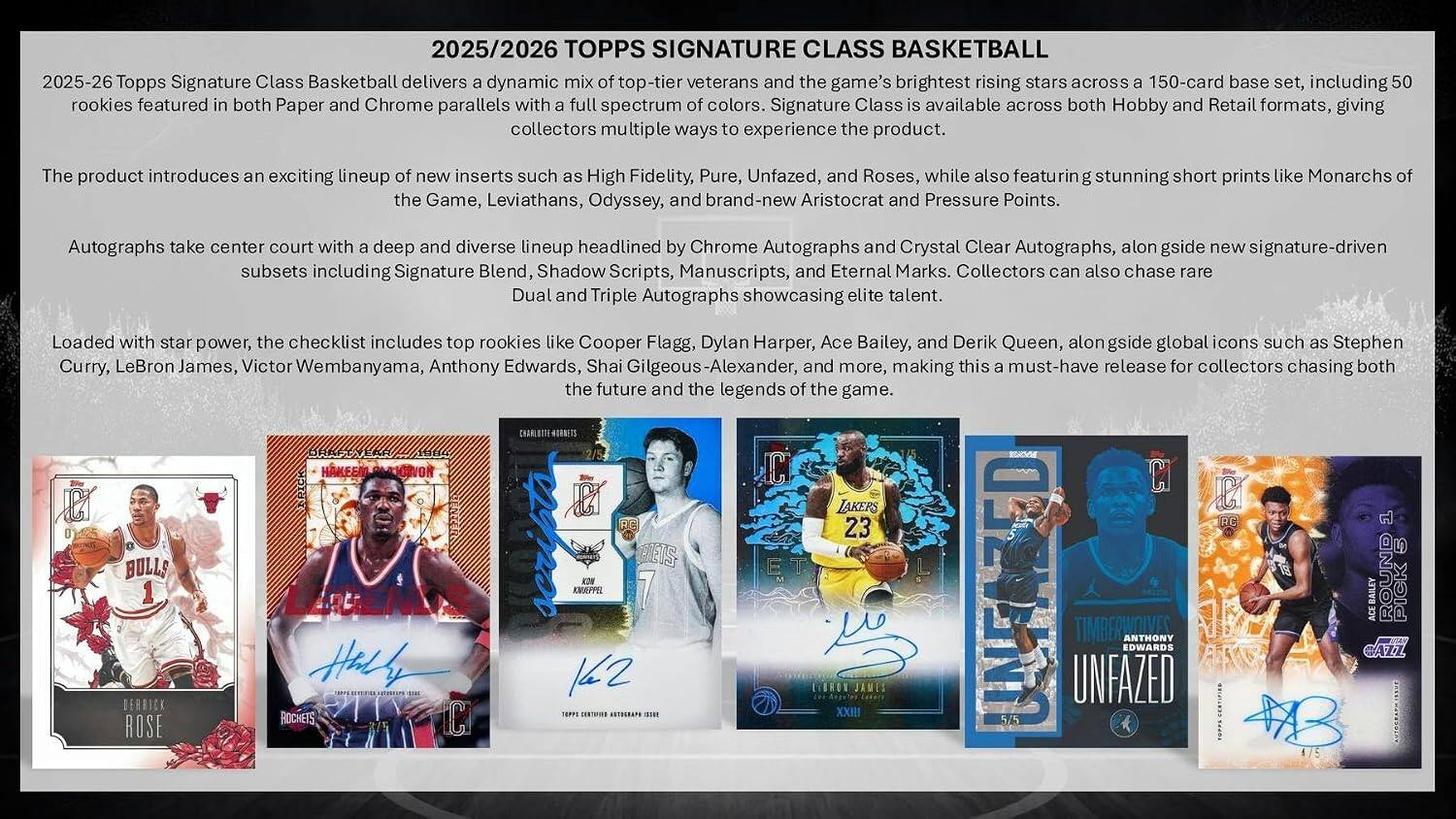 2025/2026 TOPPS SIGNATURE CLASS BASKETBALL

2025-26 Topps Signature Class Basketball delivers a dynamic mix of veterans and the game's brightest rising stars across a 150-card base set, including 50 rookies featured in both Paper and Chrome parallels with a full spectrum of colors. Signature Class is available across both Hobby and Retail formats, giving collectors multiple ways to experience the product.

The product introduces an exciting lineup of new inserts such as High Fidelity Pure, Unfazed, and Roses, while also featuring stunning short prints like Monarchs of the Game, Leviathans, Odyssey, and Aristocrat and Pressure Points.

Autographs take center court with a deep and diverse lineup headlined by Chrome Autographs and Crystal Clear Autographs, alongside new signature-driven subsets including Signature Blend, Shadow Scripts, Manuscripts, and Eternal Marks. Collectors can also chase rare Dual and Triple Autographs showcasing elite talent.

Loaded with star power, the checklist includes top rookies like Cooper Flagg, Dylan Harper, Ace Bailey, and Derek Queen, alongside global icons such as Stephen Curry, LeBron James, Victor Wembanyama, Anthony Edwards, Shai Gilgeous-Alexander, and more,