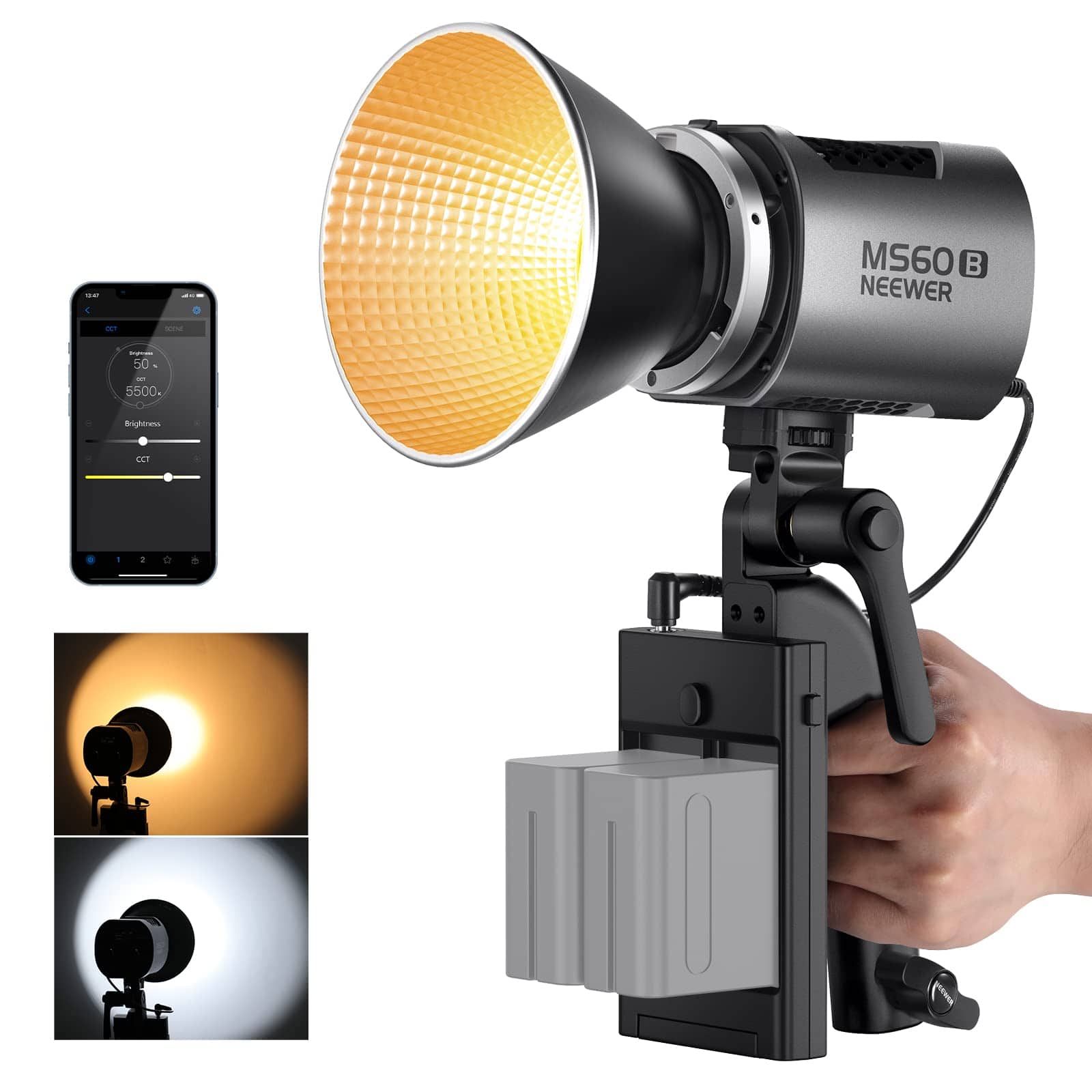 Neewer - MS60B 65W Mini COB LED Video Light, APP/2.4G Control, Bowens Mount, CRI97+, Silver