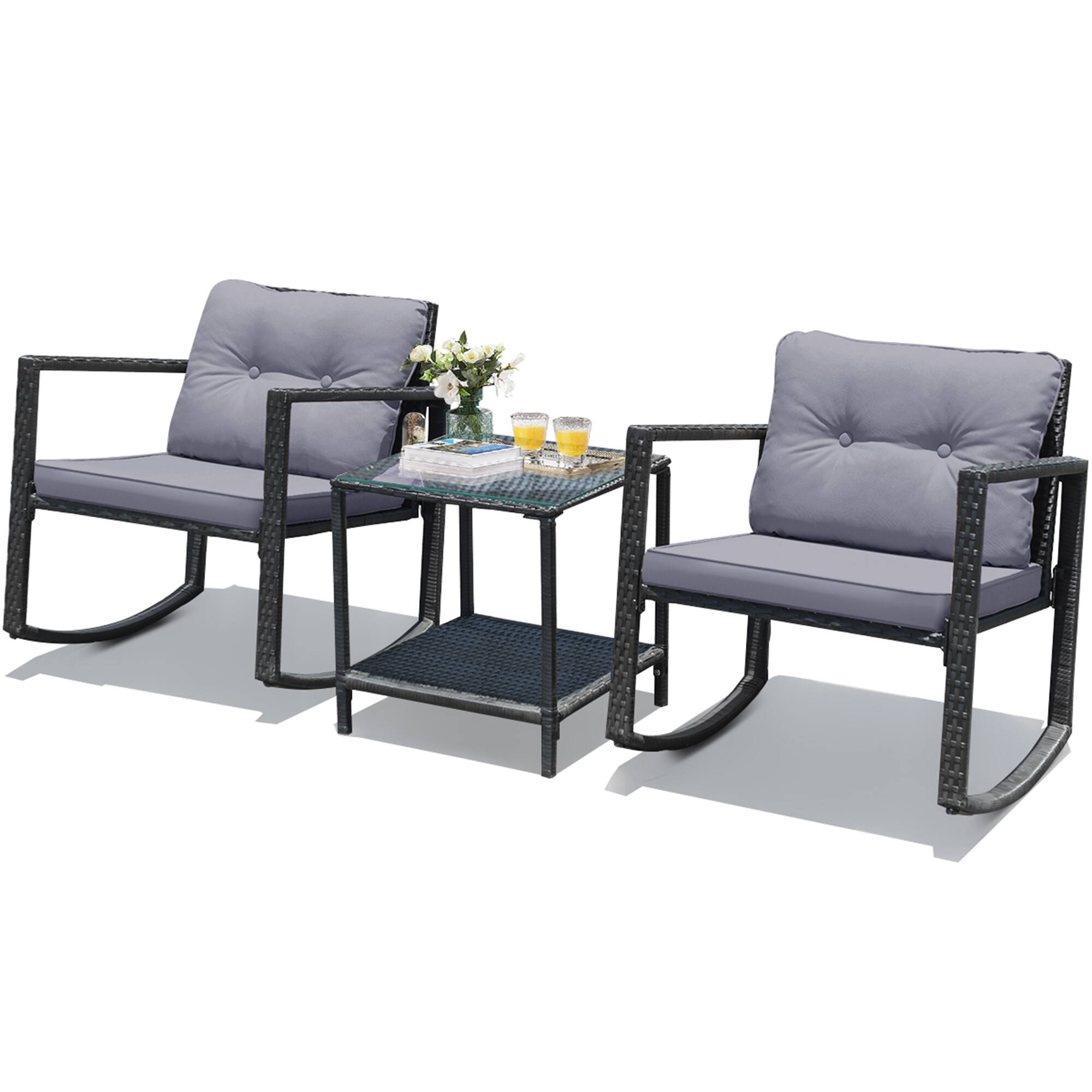 Alt View 8. Gymax - Gymax 3PCS Rattan Rocking Chair Table Set Patio Furniture Set w/ Grey Cushions - Grey.