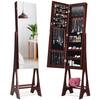 Front. Costway - LED Jewelry Cabinet Organizer Bevel Edge Mirrored Standing Brown - Reddish Brown.