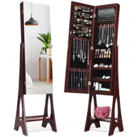 Costway - LED Jewelry Cabinet Organizer Bevel Edge Mirrored Standing Brown - Reddish Brown - Front_Zoom