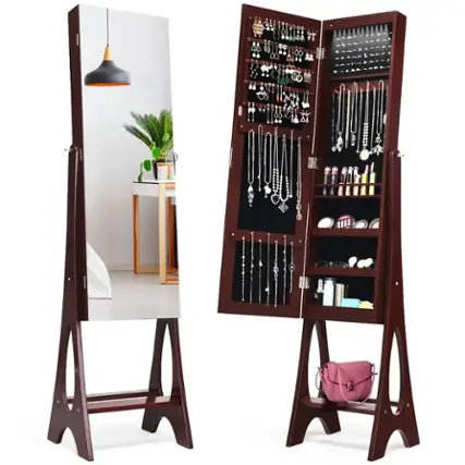 Front. Costway - LED Jewelry Cabinet Organizer Bevel Edge Mirrored Standing Brown - Reddish Brown.