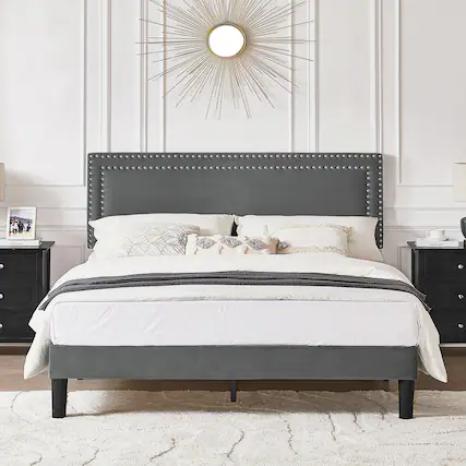 Front. Vecelo - Full Size Platform Bed Frame with Adjustable Upholstered Headboard, Strong Wood Slat Support,No Box Spring Needed - Dark Gray.