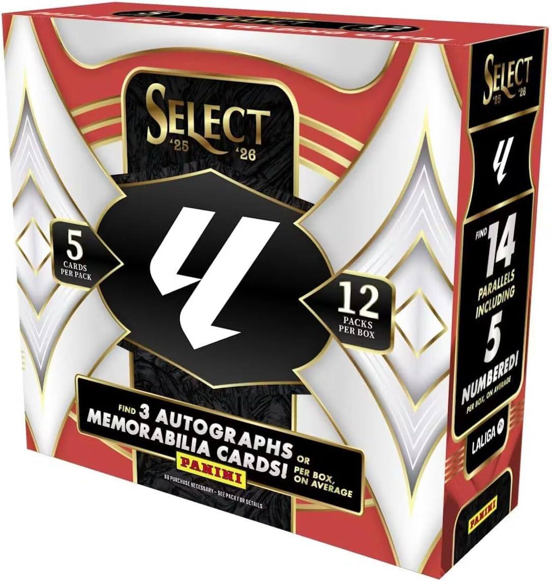 SELECT '25 '26 5 CARDS PER PACK 12 PACKS PER BOX FIND 3 MEMORABILIA AUTOGRAPHS CARDS! OR 1 PURCHASE PANINI PER BOX, NECESSARY SEE AVERAGE PACKTBR DETRILS SELECT 25 26 FIND 14 PARALLELS INCLUDING 5 NUMBEREDI BOX ON AVERAGE