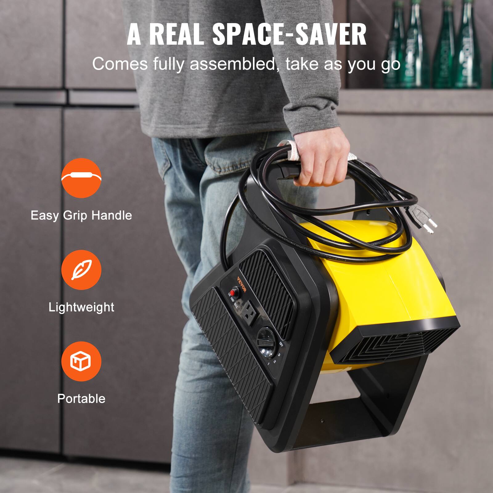 A REAL SPACE-SAVER Comes fully assembled, take as you go
Easy Grip Handle
Lightweight
Portable