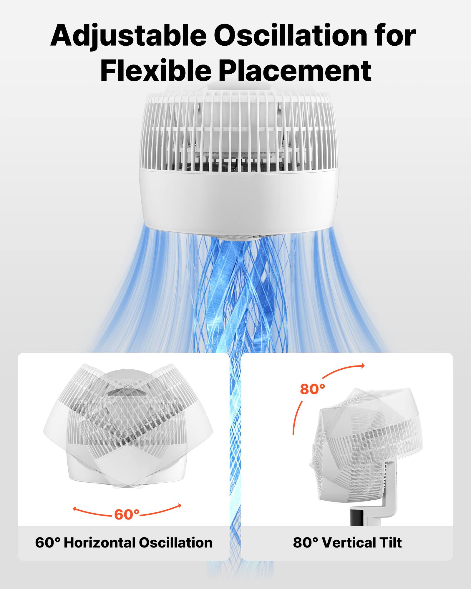 Adjustable Oscillation for Flexible Placement

60° Horizontal Oscillation

80° Vertical Tilt